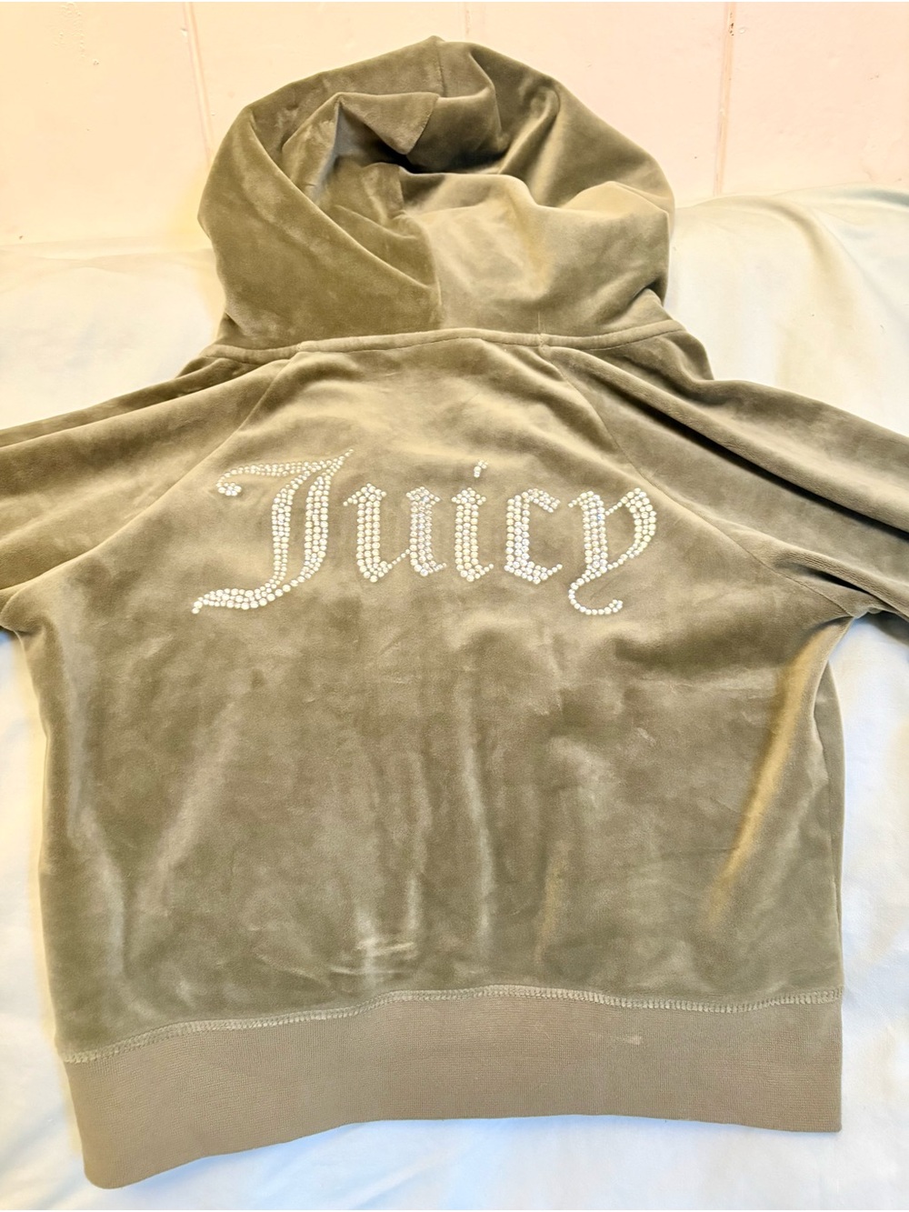 Juicy Couture Olive Green Velour Rhinestone Logo Hoodie